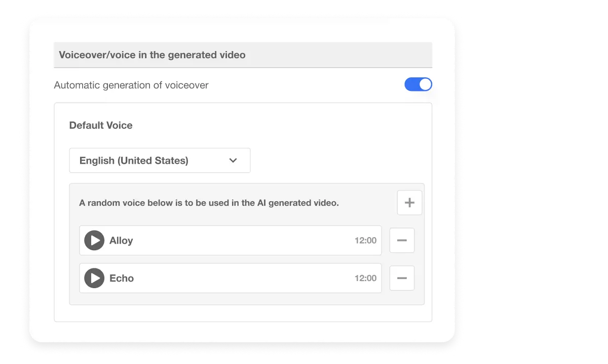 Streamlined Account Settings interface in Visla translator feature, showing options to automate voiceover generation with default voices, enhancing efficiency in AI-generated video voice customization.